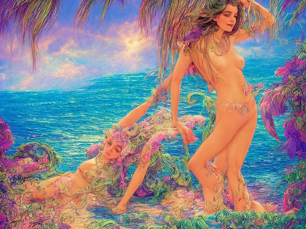 Prompt: Island beach cove of my wildest dreams, iridescent, Kauai, Sunlight Study, by Hans Zatzka and (((((((Lisa Frank))))))), Art Nouveau, 8k