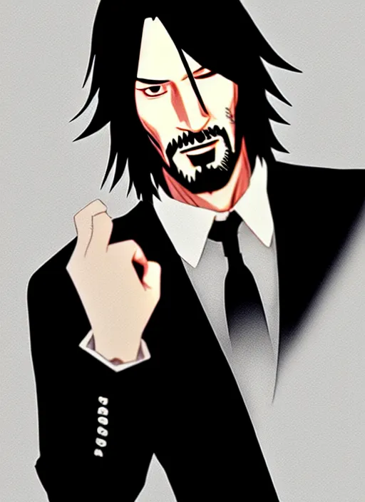 Prompt: anime portrait of keanu reeves as a handsome man, wearing black suit and bowing down, ilya kuvshinov, anime, deroo, pixiv top monthly, trending on artstation, cinematic, danbooru, zerochan art, kyoto animation