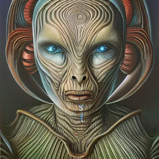 Prompt: female alien Protagonist by jacek yerka, alex gray, zdzisław beksiński, dariusz zawadzki, jeffrey smith and h.r. giger, oil on canvas, 8k highly professionally detailed, trending on artstation