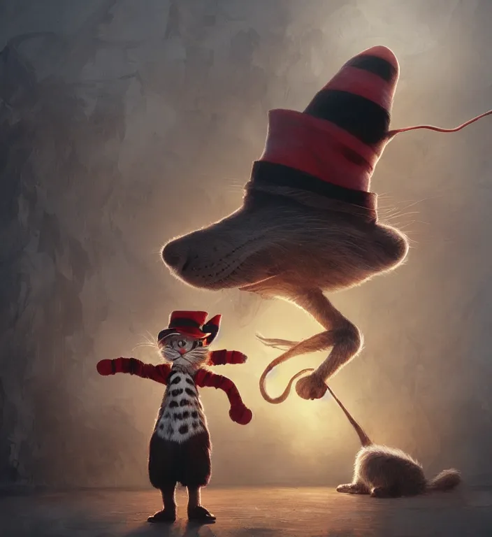 Prompt: complex 3 d render, hyper detailed, ultra sharp, of the cat in the hat, scary, cinematic, natural soft light, rim light, octane render, art by greg rutkowski and craig mullins and artgerm, dr seuss