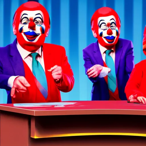 Prompt: chaotic political debate, clowns, on stage, photo realistic