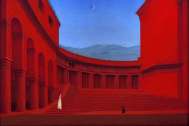 Image similar to only with red, a red great emperor, taormina amphitheatre, expressive crowd hails him, in the style of beksinski, parts by edward hopper, parts by rodcenko, parts by yue minjun, intricate and epic composition, red by caravaggio, insanely quality, highly detailed, masterpiece, red light, artstation, 4 k