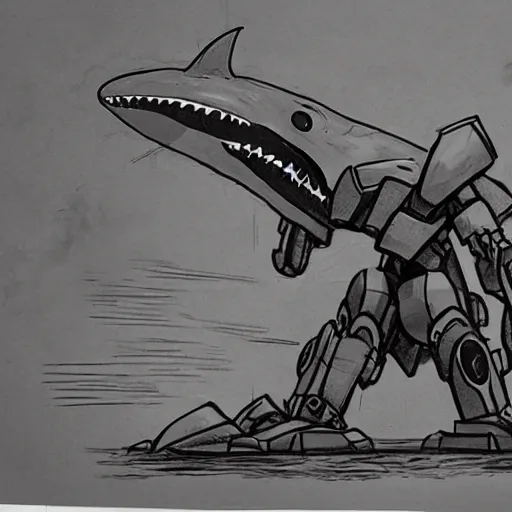 Prompt: a storyboard sketch showing a giant athletic humanoid mecha robot punching a giant humanoid hammerhead shark creature in the head