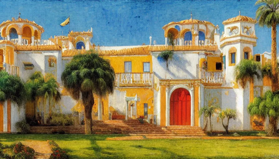 Image similar to a 1 9 9 8 southern spain palace!!! costa blanca, designed by cheval michael, bispo do rosario, arnold bocklin, tarsila do amaral and gustave baumann, jules bastien - lepage, warm, mediterranean, star, sharp focus, colorful refracted sparkles and lines, soft light, 8 k 4 k