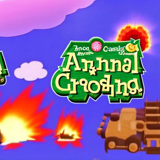 Image similar to screen shot of carpet bombing in animal crossing, large explosions, fire, chaotic
