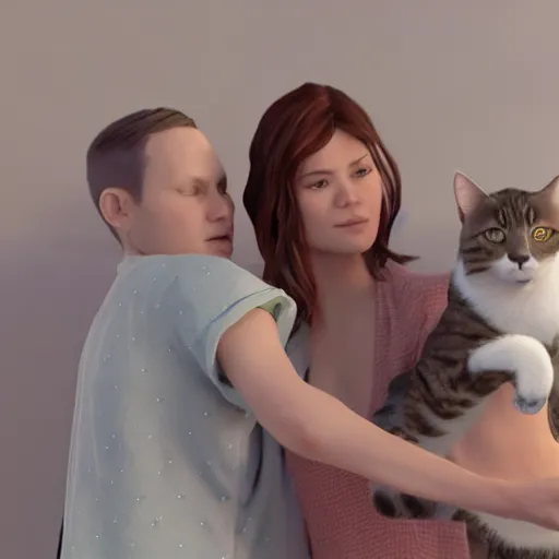 Image similar to 2 cats hold a baby human, cinematic, unreal engine, high quality, detailed