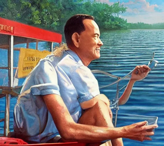 Image similar to Tom hanks as forrest gump sitting in a giant shrimp boat, majestic beautiful world, realism painting, amazing detail