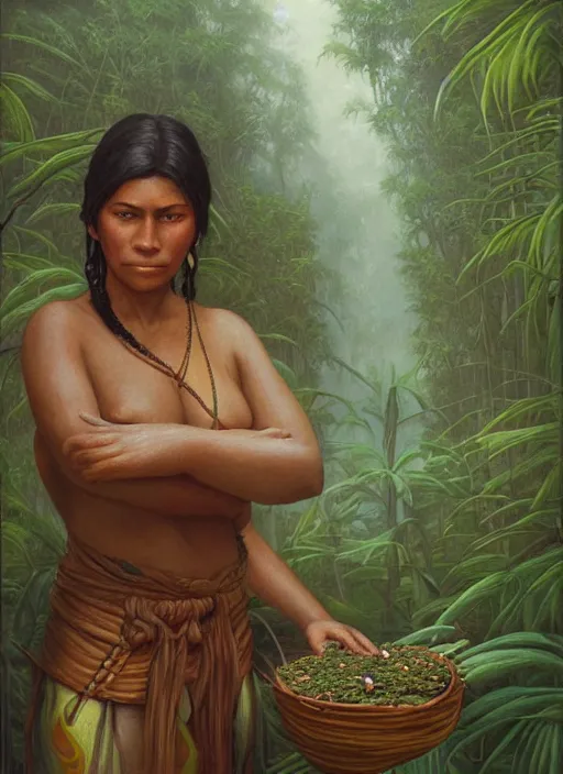 Image similar to a beautiful close up portrait of an indigenous woman holding medicinal plants in the jungle, highly detailed, art by christophe vacher