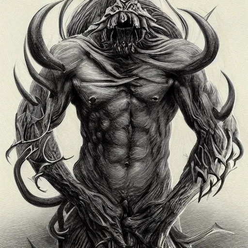 Image similar to full body grayscale drawing by Gustave Dore and Anato Finnstark of muscled horned humanoid beast, swirling flames