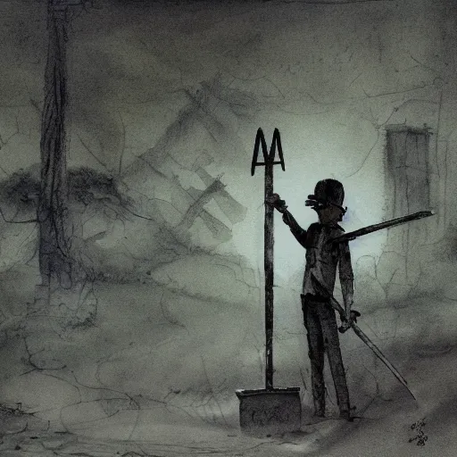 Image similar to a man with a shovel standing next to an open grave with a body in it, subtle blue, orange, and dark green tones, high quality, high detail, dark colors, sinister atmosphere, dramatic lighting, cinematic, establishing shot, extremely high detail, photo realistic, cinematic lighting, pen and ink, intricate line drawings, by Yoshitaka Amano, Ruan Jia, Kentaro Miura, Artgerm, post processed, concept art, artstation, matte painting, style by eddie mendoza, raphael lacoste, alex ross