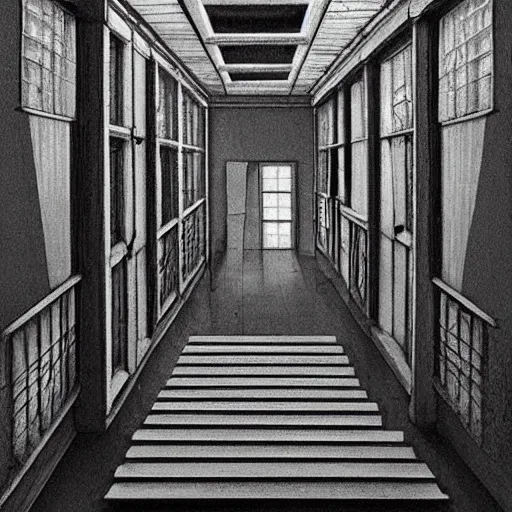 Prompt: a bright white hallway with many doors and stairs full of fungus and mushrooms and rot, Mc Escher architecture, decay, artstation