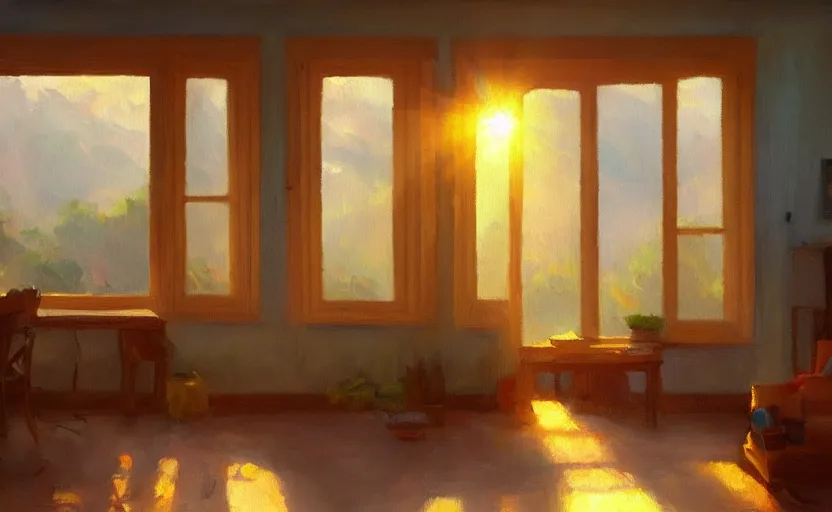 Image similar to happy morning and the rays of the morning sun shining through the window of the village house clear sky, warm colors, happy mood, oil painting, high detail, trending on artstation