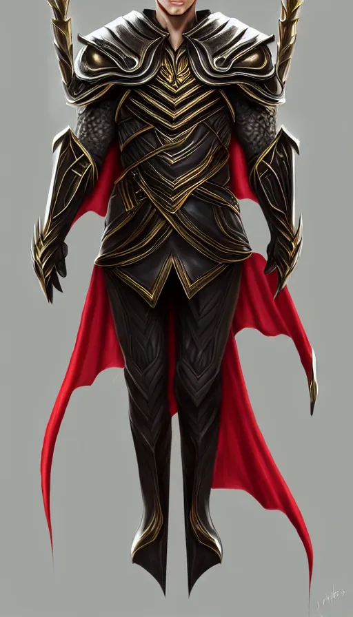 Image similar to A medium shot portrait of a male elf, he is about 20 years old, attractive, lean but muscular, serious composure, short silver hair, prideful look, he is wearing black heavy armor with gold plating and a red cape, highly detailed portrait, digital painting, ArtStation, concept art, smooth, sharp focus illustration