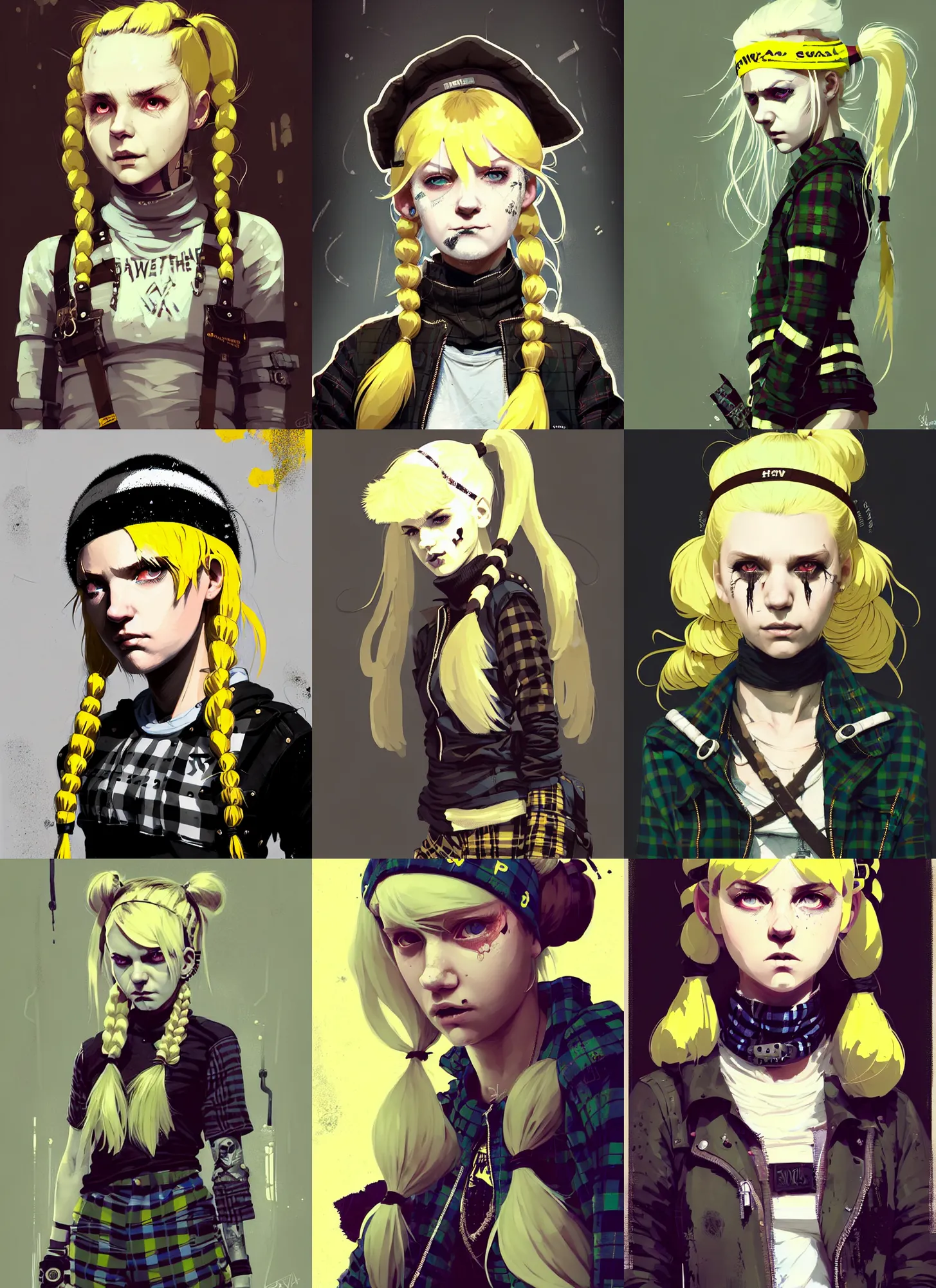 Prompt: highly detailed closeup portrait of a sewer punk pretty swedish female road warrior student, tartan garment, blonde hair pigtails with headband by atey ghailan, by greg rutkowski, by greg tocchini, by james gilleard, by joe fenton, by kaethe butcher, gradient yellow, black, brown and white color scheme, grunge aesthetic!!! white graffiti tag wall background