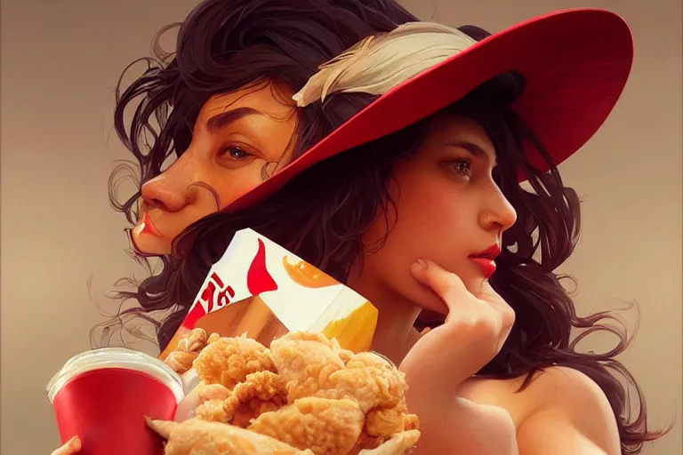 Image similar to kfc chicken, portrait, elegant, intricate, digital painting, artstation, concept art, smooth, sharp focus, illustration, art by artgerm and greg rutkowski and alphonse mucha