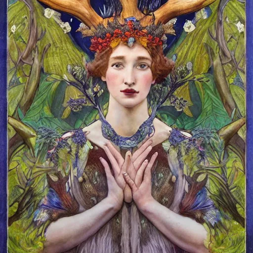 Image similar to queen of the forest wearing an antler crown, by Annie Swynnerton and Nicholas Roerich and (((Donato Giancola))), embroidered robes, floral tattoos, bioluminescent skin!, elaborate costume, geometric ornament, symbolist, soft colors, dramatic lighting, smooth, sharp focus, extremely detailed