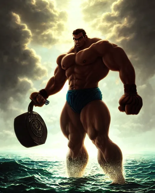 Image similar to gigachad luigi bodybuilder fighting like street fighter in ocean, fantasy character portrait, ultra realistic, anime key visual, full body concept art, intricate details, highly detailed by greg rutkowski, ilya kuvshinov, gaston bussiere, craig mullins, simon bisley