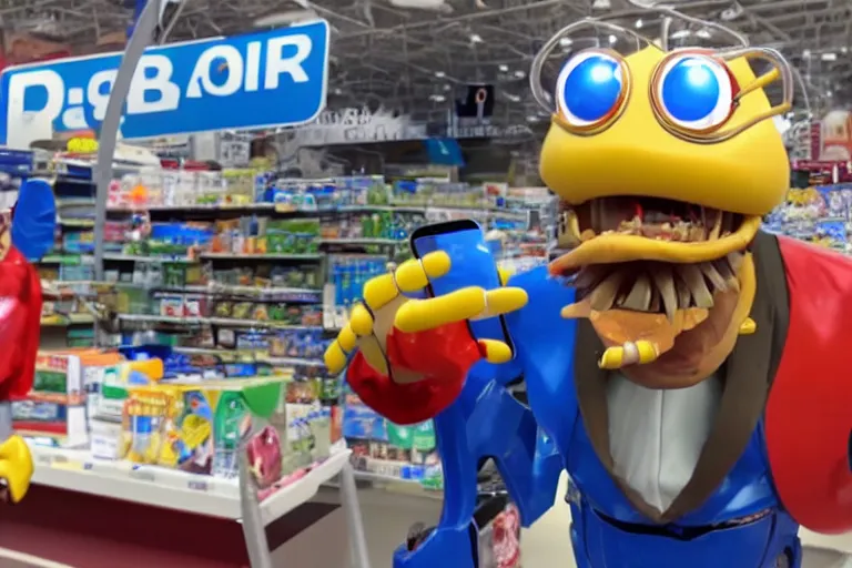 Prompt: Doctor Robotnik in real life at Walmart, smartphone footage