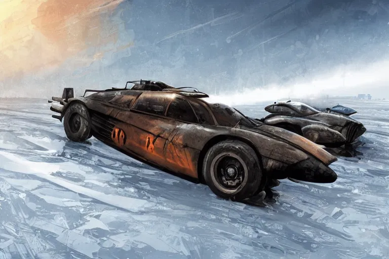 Image similar to dieselpunk digital illustration of mad max's military mclaren f 1 speeding across a frozen lake by makoto shinkai, ilya kuvshinov, lois van baarle, rossdraws, basquiat