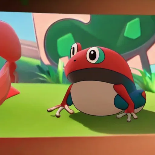 Prompt: frog pokemon, wes anderson, screenshot from pokemon sword and shield