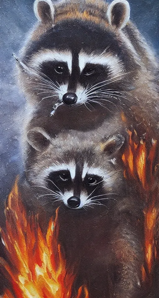 Prompt: bosch oil painting of a fire god raccoon, apocalyptic