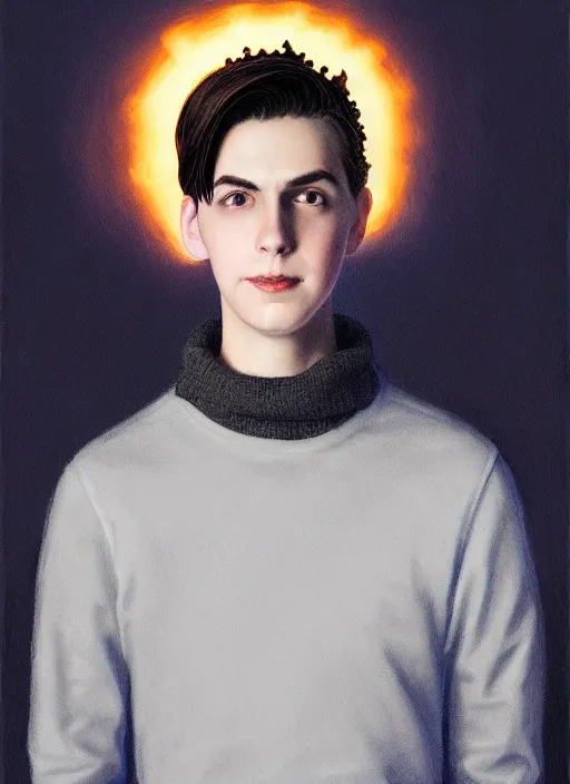 Image similar to portrait of teenage jughead jones wearing a light grey crown, crown, blue turtleneck, closed eyes, photorealistic, black hair, glowing lighting, intricate, elegant, glowing lights, highly detailed, digital painting, artstation, concept art, smooth, sharp focus, illustration, art by wlop, mars ravelo and greg rutkowski