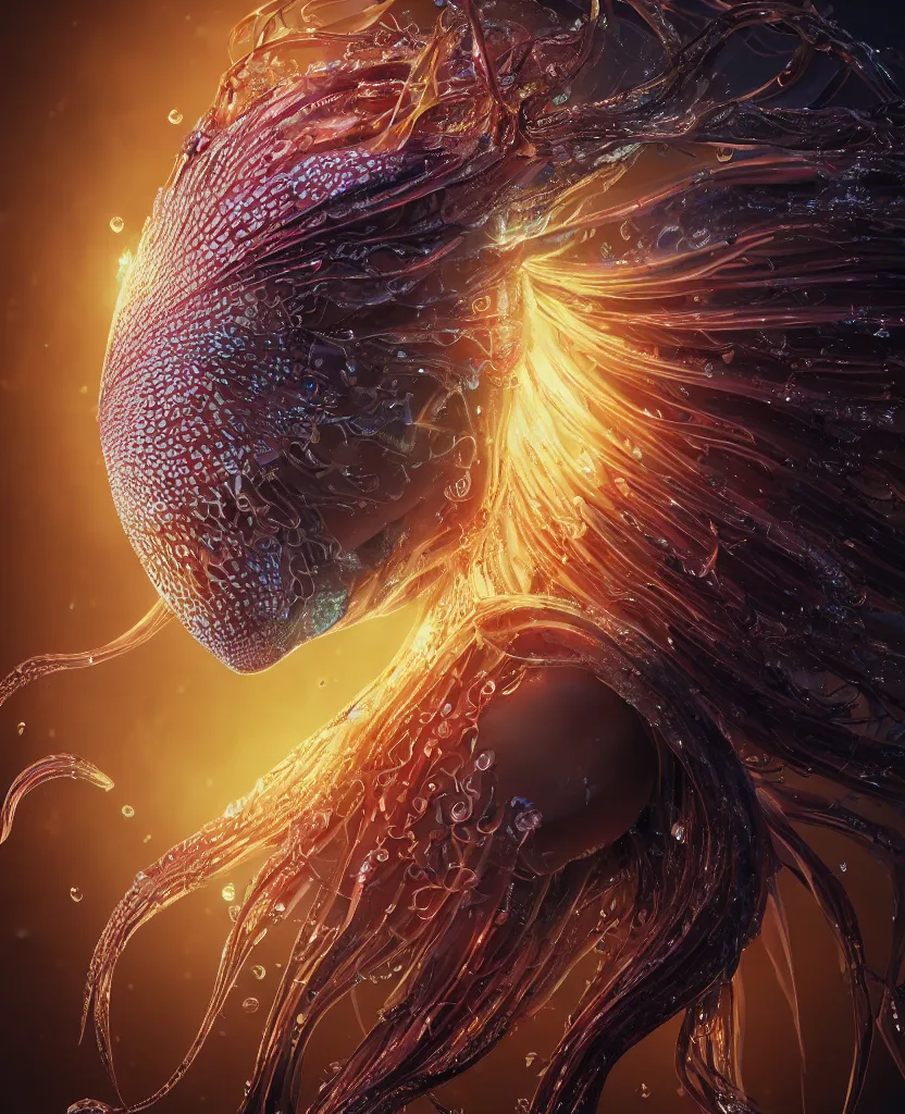 Image similar to close-up macro portrait of the face of a beautiful princess, epic angle and pose, symmetrical artwork, 3d with depth of field, blurred background, cybernetic jellyfish female face skull phoenix bird, translucent, nautilus, energy flows of water and fire. a highly detailed epic cinematic concept art CG render. made in Maya, Blender and Photoshop, octane render, excellent composition, cinematic dystopian brutalist atmosphere, dynamic dramatic cinematic lighting, aesthetic, very inspirational, arthouse. y Greg Rutkowski, Ilya Kuvshinov, WLOP, Stanley Artgerm Lau, Ruan Jia and Fenghua Zhong