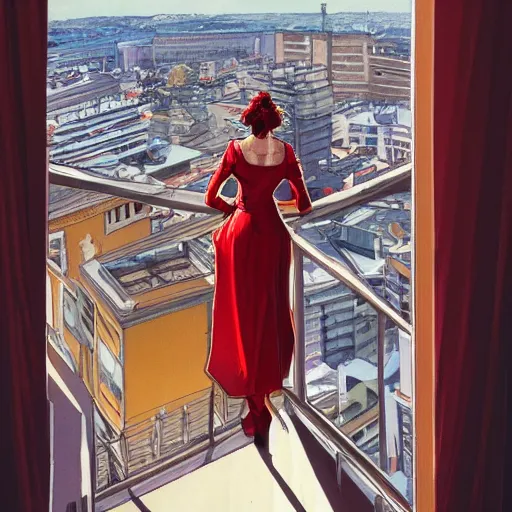 Image similar to a beautiful artwork of a woman in red dress sitting on the balcony of a hotel top view, by Jerome Opeña, featured on artstation