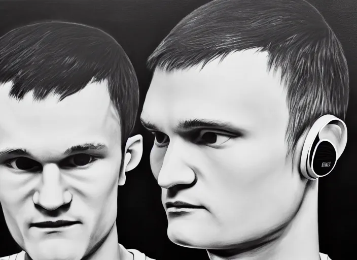 Image similar to vitalik buterin in headphones. vitalik buterin, medium shot, perfect symmetric face, coherent face, coherent eyes, cute, fine details., 4 k, hans zatska, oil paint