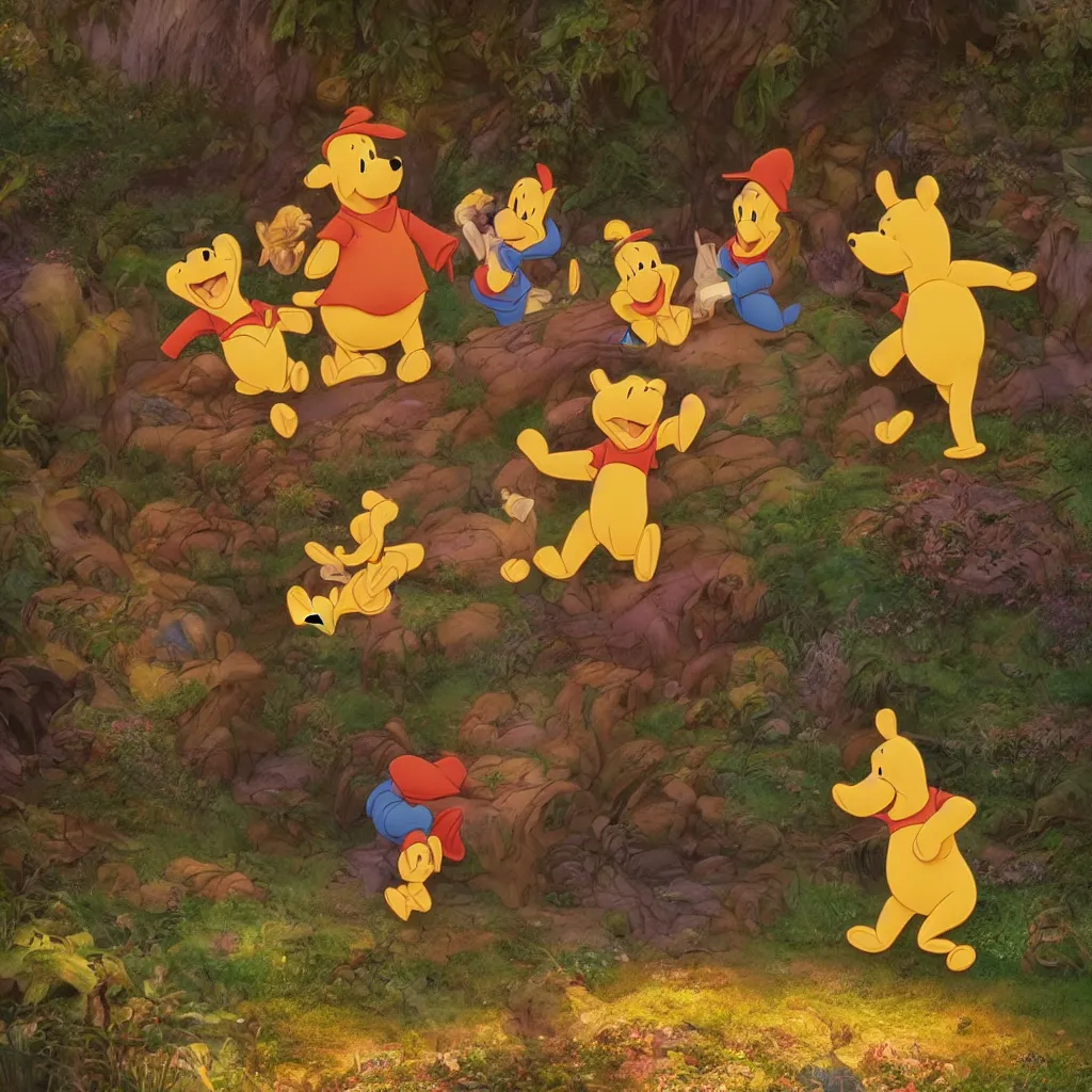 Image similar to epic finale scene of winnie the pooh being subdued by goofy and donald duck, highly detailed, volumetric lighting, epic light, cinematic, ultra detailed, by Leesha Hannigan, Ross Tran, Thierry Doizon, Kai Carpenter, Ignacio Fernández Ríos