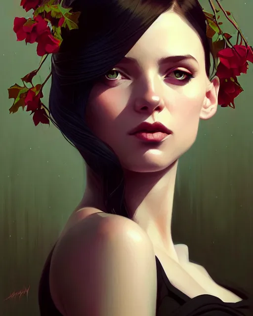 Image similar to stylized portrait of an artistic pose, composition, dark mysterious young lady, cinematic moody colors, ivy, flowers, one single head, realistic shaded, fine details, realistic shaded lighting poster by ilya kuvshinov, magali villeneuve, artgerm, jeremy lipkin and michael garmash and rob rey