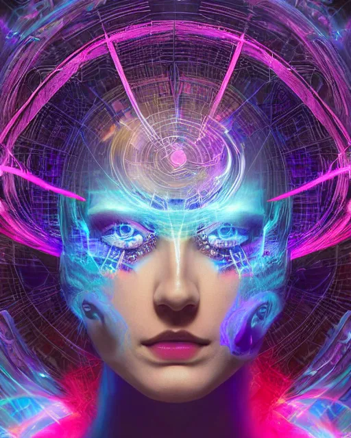 Image similar to a powerful energy psychedelic matrix sorceress, by alexander fedosav, hyper detailed digital matte painting, concept art, hyperrealism, 1 6 k resolution, cinema 4 d, 8 k resolution, trending on artstation, behance hd, a masterpiece, by stephan martiniere, particles, cel - shaded, power bright neon energy, by david a. hardy,