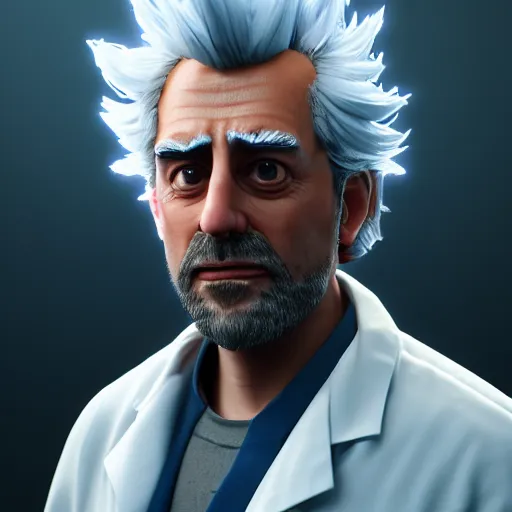 Image similar to portrait art of rick sanchez, lab coat, 8 k ultra realistic, lens flare, atmosphere, glow, detailed, intricate, full of colour, cinematic lighting, trending on artstation, 4 k, hyperrealistic, focused, extreme details, unreal engine 5, cinematic, masterpiece