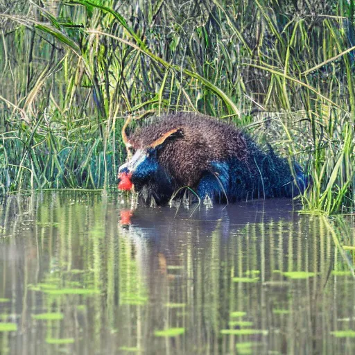 Image similar to Bunyip in a swamp. High quality.