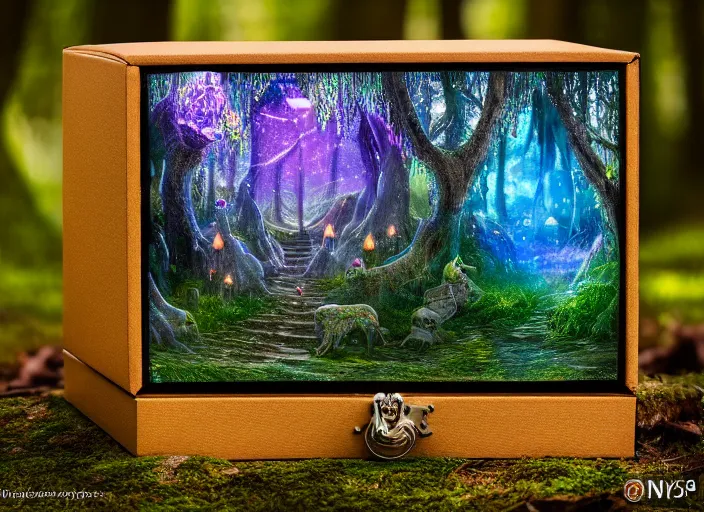 Image similar to photo of a crystal box with a magical kingdom inside, in the forest. Fantasy magic style. Highly detailed 8k. Intricate. Nikon d850 55mm. Award winning photography.