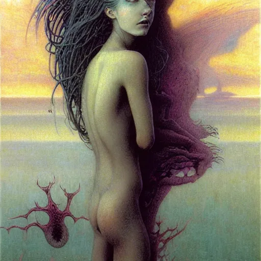 Image similar to cute young vampire tomboy girl with short short short dark hairs on lovecraftian planet by jean delville by luis royo and wayne barlowe, beksinski