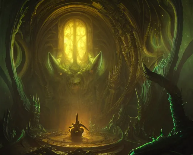 Image similar to 4 k cinematic still portrait of a demon in a dark liminal space room, nurgle rot, deep focus, d & d, fantasy, intricate, repulsive, highly detailed, digital art, art station, concept art, matte, sharp focus, illustration, dark fantasy art, hearthstone, art by artgerm and greg rutkowski and alphonse mucha