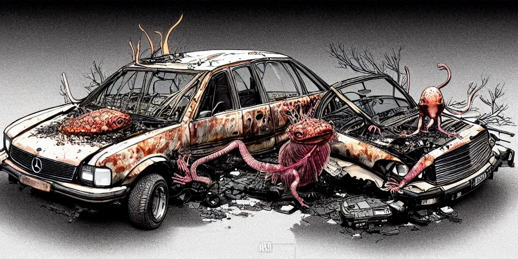 Image similar to a big woman axolotl in burning wrecked mercedes 1 2 4, ultrafine hyperdetailed illustration by kim jung gi