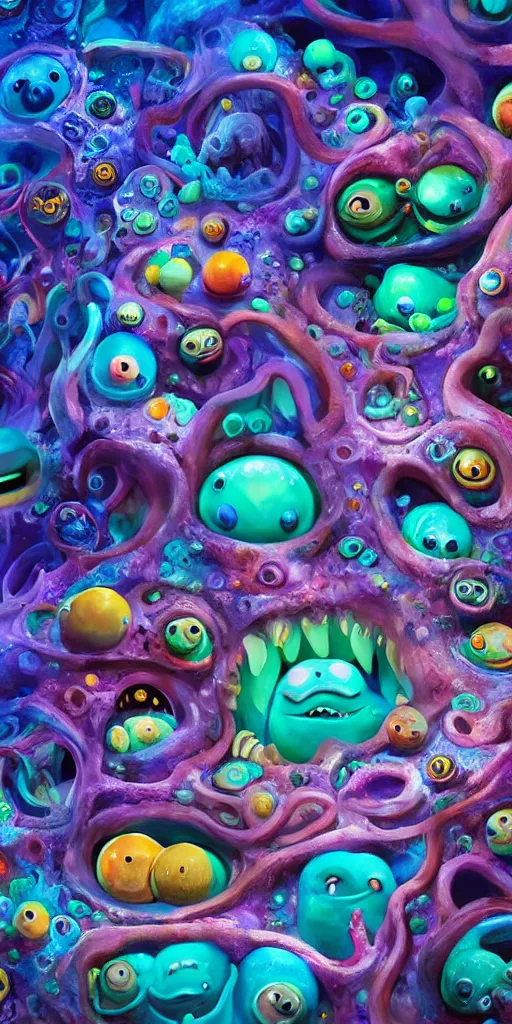 Image similar to of a colorful deep sea cave with strange cute friendly happy creatures with huge eyes, mouth, long tongue and round teeth appearing from sandy coral, in the style of gehry and gaudi, macro lens, shallow depth of field, ultra detailed, digital painting, trending artstation, concept art, illustration, cinematic lighting, photorealism, epic, octane render