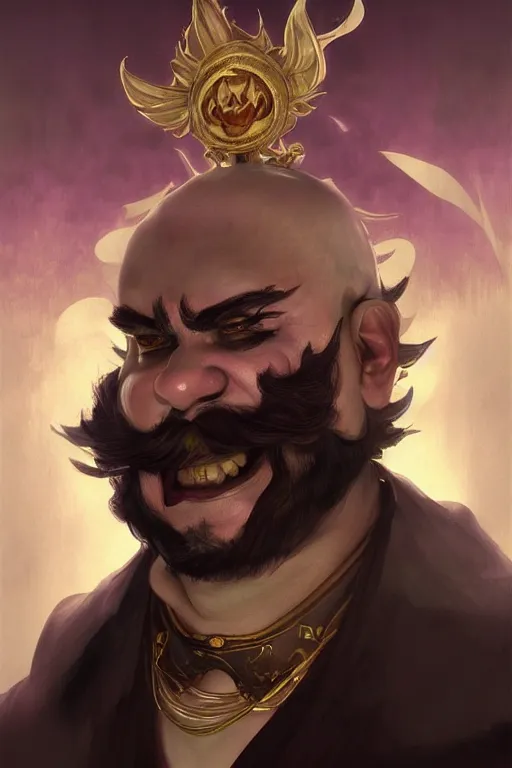 Image similar to portrait of Wario from WarioWare, dreamy and ethereal and dark, smiling expression, dark fantasy, chaotic, elegant, highly detailed, digital painting, artstation, concept art, smooth, sharp focus, illustration, art by artgerm and greg rutkowski and alphonse mucha