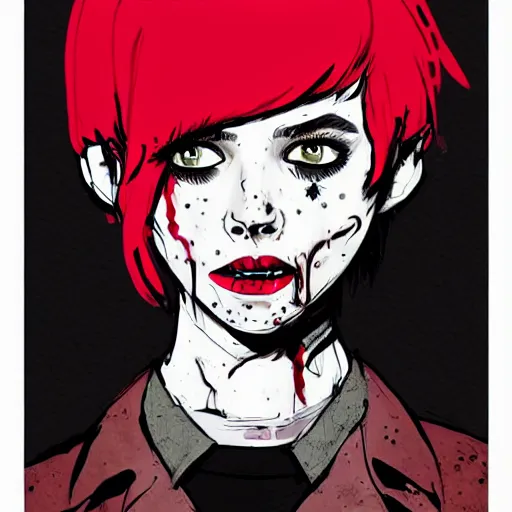 Image similar to Highly detailed portrait of pretty punk zombie young lady with, freckles and beautiful hair by Atey Ghailan, by Loish, by Bryan Lee O'Malley, by Cliff Chiang, inspired by image comics, inspired by graphic novel cover art, inspired by izombie, inspired by scott pilgrim !! Gradient red, black and white color scheme ((grafitti tag brick wall background)), trending on artstation