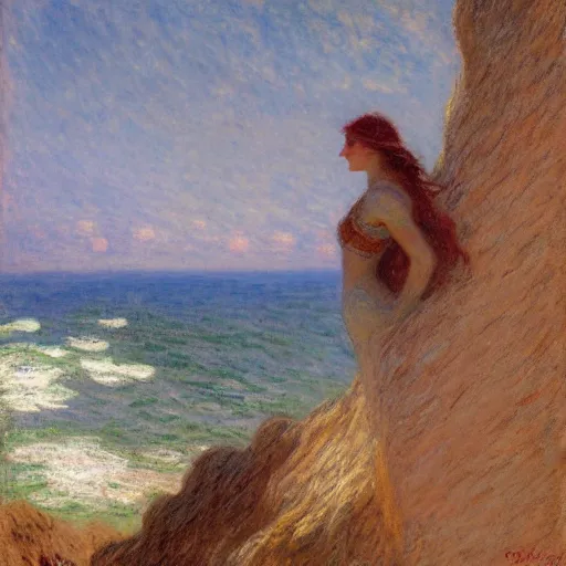 Prompt: a person standing on a cliff, looking out at the ocean, by gaston bussiere, craig mullins, j. c. leyendecker, claude monet