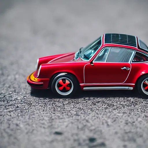 Image similar to close up photo of a small toy porsche 9 1 1 9 6 4 on a road stripe, cinematic, shallow dof, 3 5 mm, 4 k, macro