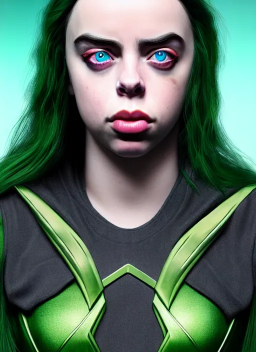 Image similar to Billie Eilish as Female Loki, beautiful facial symmetry, olive skin color, hyper realistic, hyper detail, very detailed, digital art, trending on artstation, smooth render, 8k octane render,