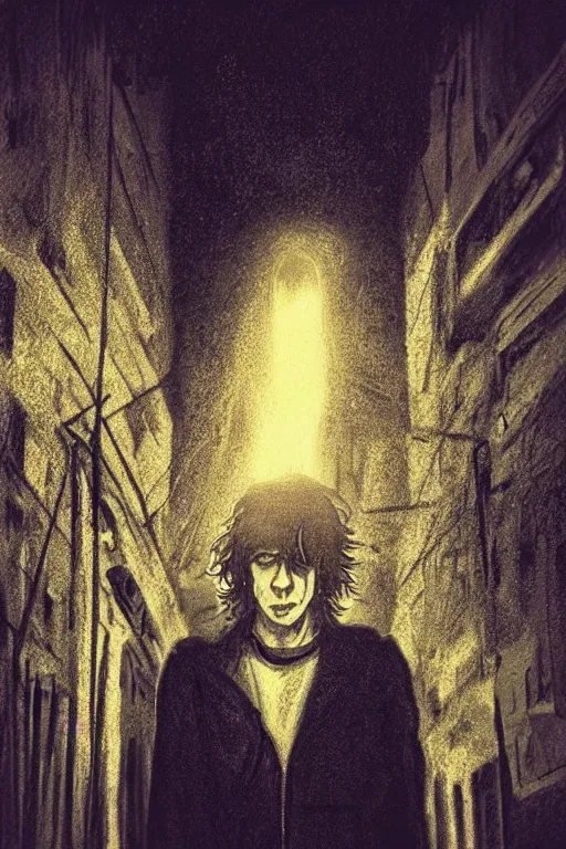 Prompt: the feeling of anxiety, art by neil gaiman, trending on artstation, dark atmospheric lighting front view synthwave, street art, fisheye lens, magic realism, eclecticism