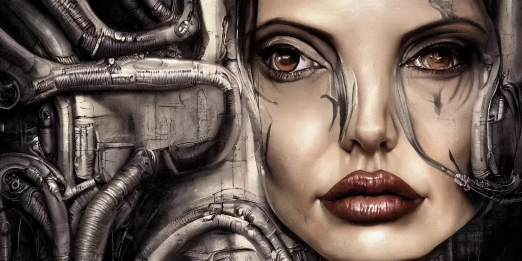 Image similar to portrait of angelina jolie in style, alien, detailed, artstation, h. e. giger