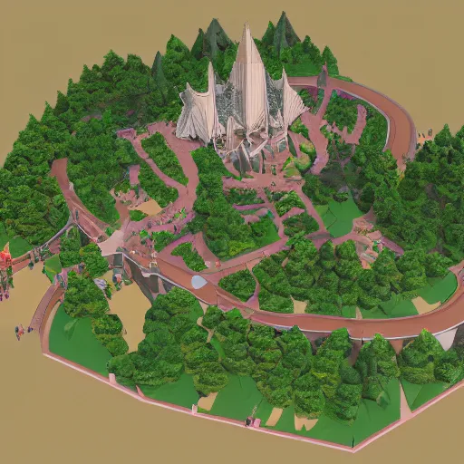 Image similar to a low poly, isometric view of rivendell, highly detailed render