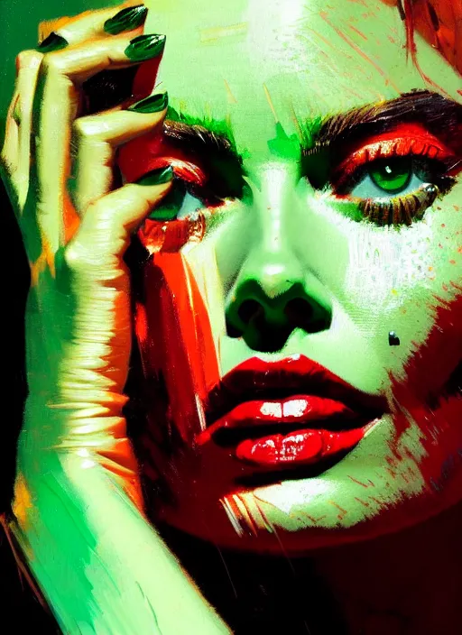 Image similar to close up portrait of ymargot robbie, sensual, ecstatic, shades green and red, beautiful face, rule of thirds, intricate outfit, spotlight, by greg rutkowski, by jeremy mann, by francoise nielly, by van gogh, digital painting
