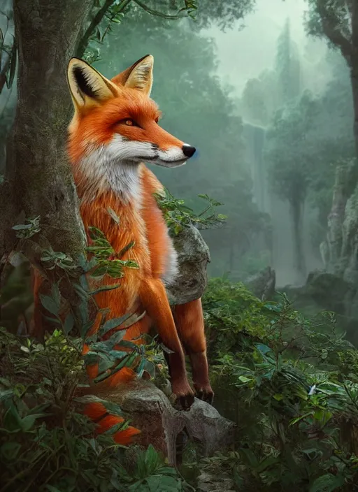 Image similar to Beautiful art portrait of a fox in monk clothing as a fantasy martial arts expert in a bright temple surrounded by lush forest, atmospheric lighting, intricate detail, cgsociety, hyperrealistic, octane render, RPG portrait, ambient light, dynamic lighting