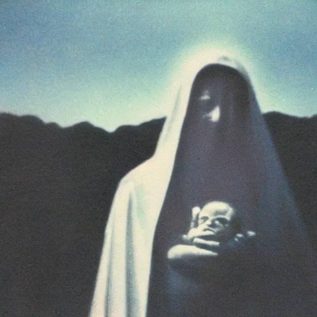 Prompt: vintage polaroid closeup of white mother mary statue crying blood, pictured slightly from below, clear sky with blue clouds in background